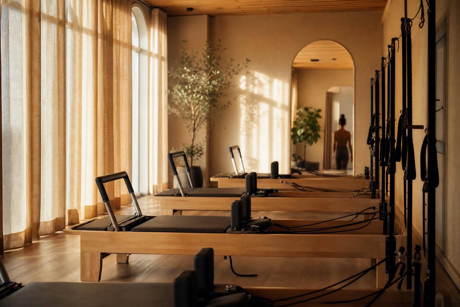 Sunlit Selah Pilates studio with a row of wood-frame reformers lined up beside tall windows